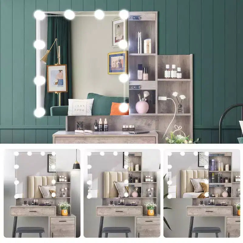Ensemble coiffeuse avec miroir, éclairage dimmable tricolore et prise, en aggloméré gris avec placage trimine, pieds en fer, 2 tiroirs, 1 porte, 2 étagères