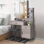 Ensemble coiffeuse avec miroir, éclairage dimmable tricolore et prise, en aggloméré gris avec placage trimine, pieds en fer, 2 tiroirs, 1 porte, 2 étagères