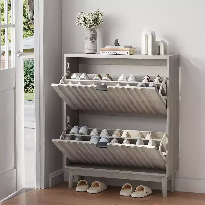 Meuble à chaussures avec portes ondulées, meuble à chaussures pour entrée, organisateur de placard à chaussures moderne avec 2 tiroirs rabattables pour couloir, penderie, entrée, placard, gris