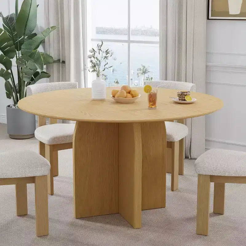 Table à manger ronde en bois massif de 52 x 52 avec finition naturelle et pieds arqués élégants pour salles à manger et cuisines modernes