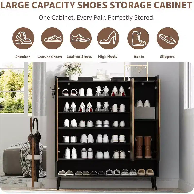 Meuble à chaussures, grand meuble de rangement pour chaussures d'entrée à 6 niveaux avec 3 portes et étagères réglables, organisateur de chaussures autoportant pour couloir, entrée
