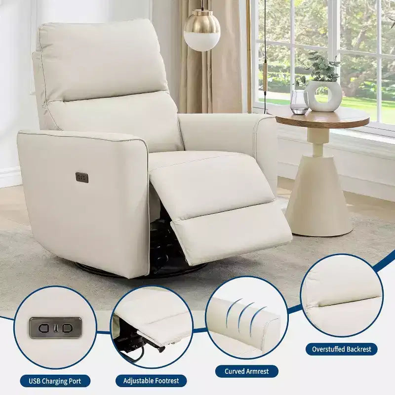 Fauteuil inclinable électrique pivotant et coulissant, fauteuil à bascule de salon rembourré avec accoudoirs incurvés et dossier rembourré pour chambre à coucher