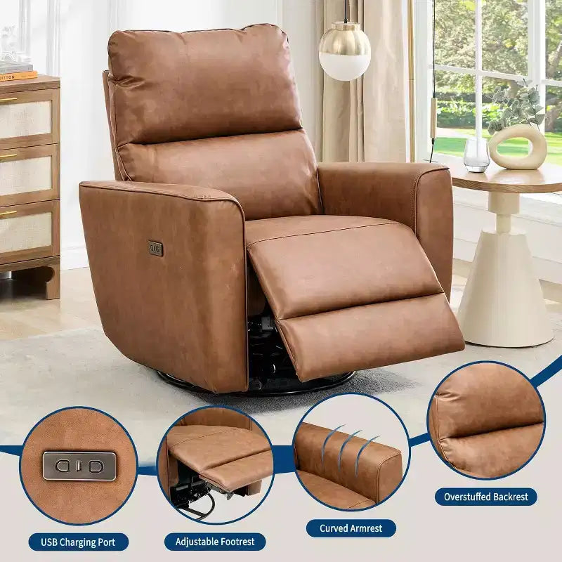 Fauteuil inclinable électrique pivotant et coulissant, fauteuil à bascule de salon rembourré avec accoudoirs incurvés et dossier rembourré pour chambre à coucher