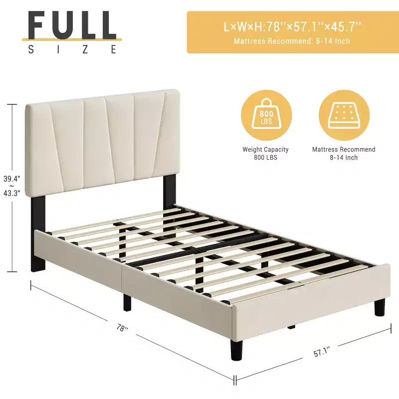Cadre de lit double rembourré avec tête de lit réglable – Cadre de lit plateforme capitonné en velours, sommier tapissier non requis, beige