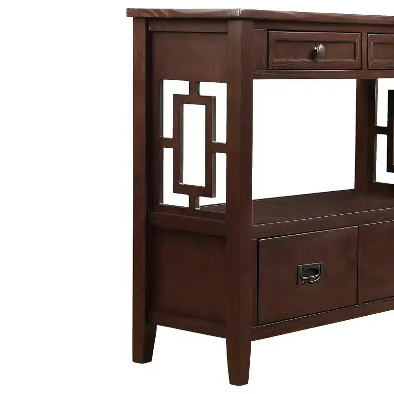 Console en bois massif de style vintage avec 4 tiroirs et une étagère ouverte
