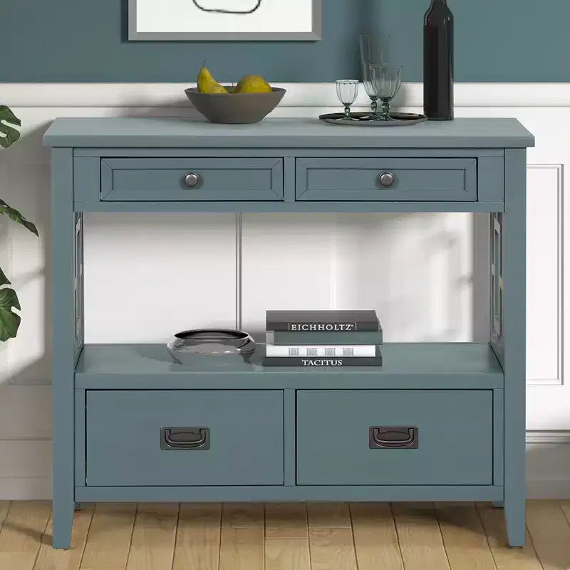 Console en bois massif de style vintage avec 4 tiroirs et une étagère ouverte
