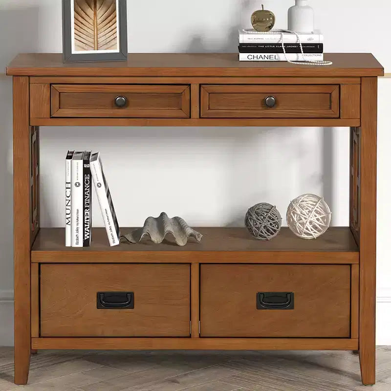 Console en bois massif de style vintage avec 4 tiroirs et une étagère ouverte