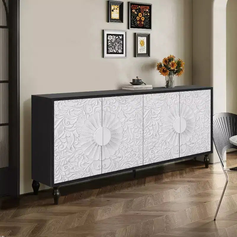 Meuble de rangement avec porte sculptée, buffet d'entrée avec poignées en métal pour salon