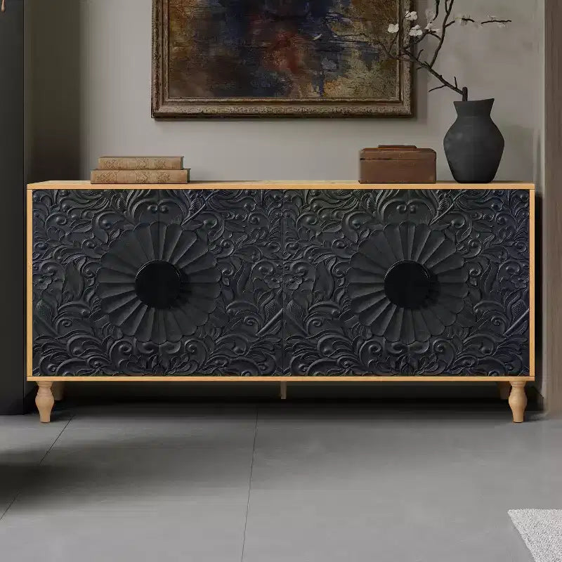 Meuble de rangement avec porte sculptée, buffet d'entrée avec poignées en métal pour salon