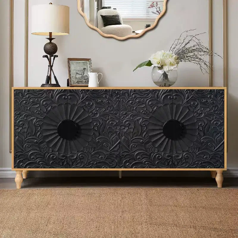 Meuble de rangement avec porte sculptée, buffet d'entrée avec poignées en métal pour salon