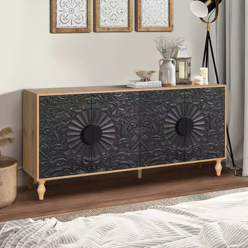 Meuble de rangement avec porte sculptée, buffet d'entrée avec poignées en métal pour salon