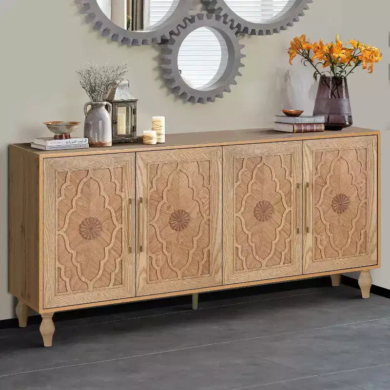 Meuble de rangement avec porte sculptée, buffet d'entrée avec poignées en métal pour salon