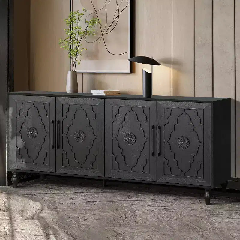 Meuble de rangement avec porte sculptée, buffet d'entrée avec poignées en métal pour salon