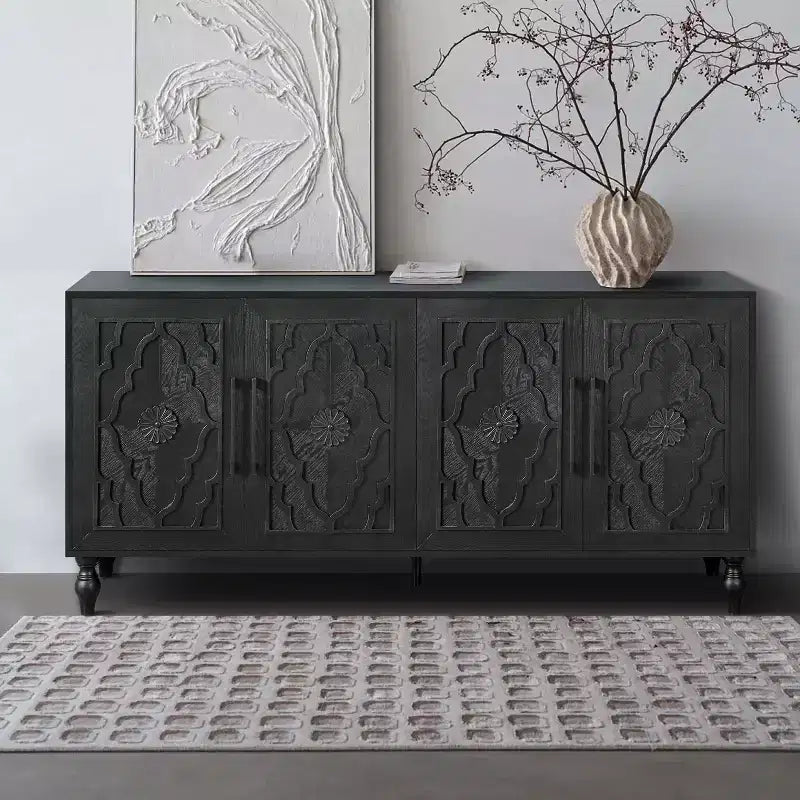 Meuble de rangement avec porte sculptée, buffet d'entrée avec poignées en métal pour salon