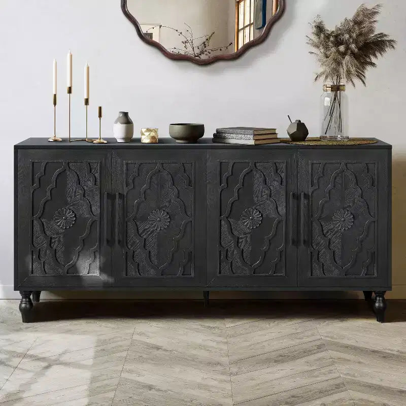 Meuble de rangement avec porte sculptée, buffet d'entrée avec poignées en métal pour salon