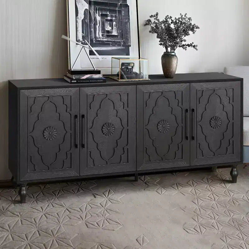 Meuble de rangement avec porte sculptée, buffet d'entrée avec poignées en métal pour salon
