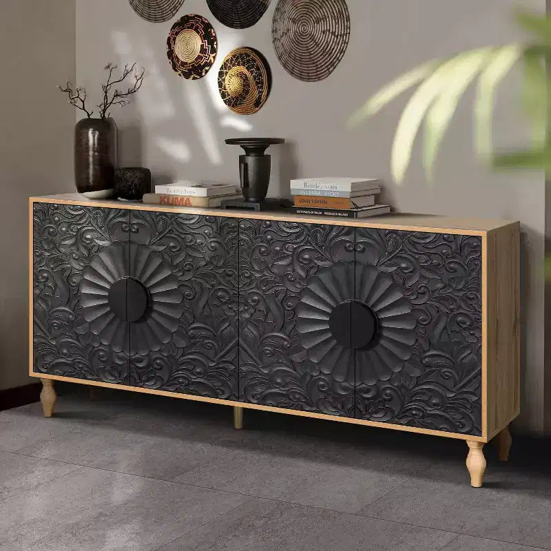 Meuble de rangement avec porte sculptée, buffet d'entrée avec poignées en métal pour salon