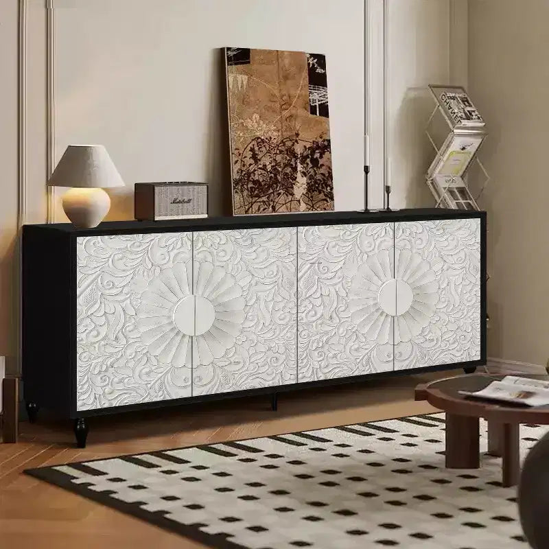 Meuble de rangement avec porte sculptée, buffet d'entrée avec poignées en métal pour salon