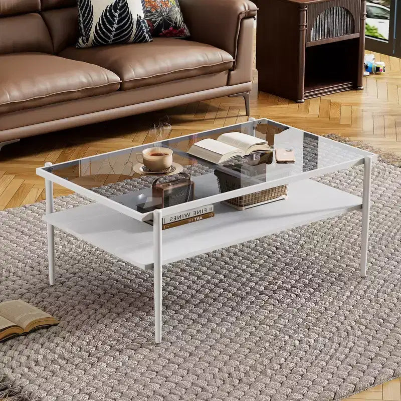 Table basse rectangulaire avec plateau et pieds en verre trempé gris, table de salon moderne