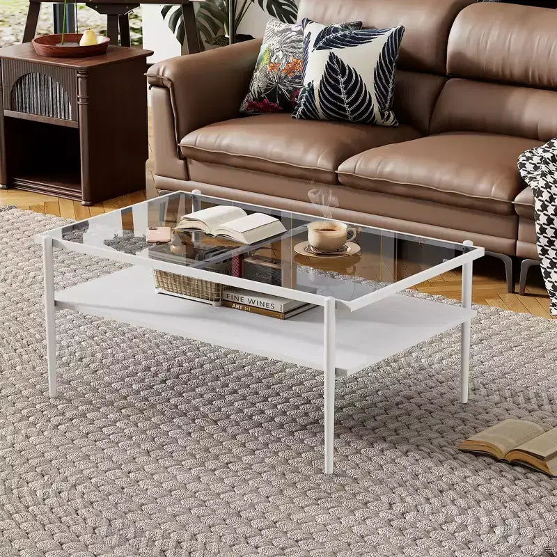 Table basse rectangulaire avec plateau et pieds en verre trempé gris, table de salon moderne