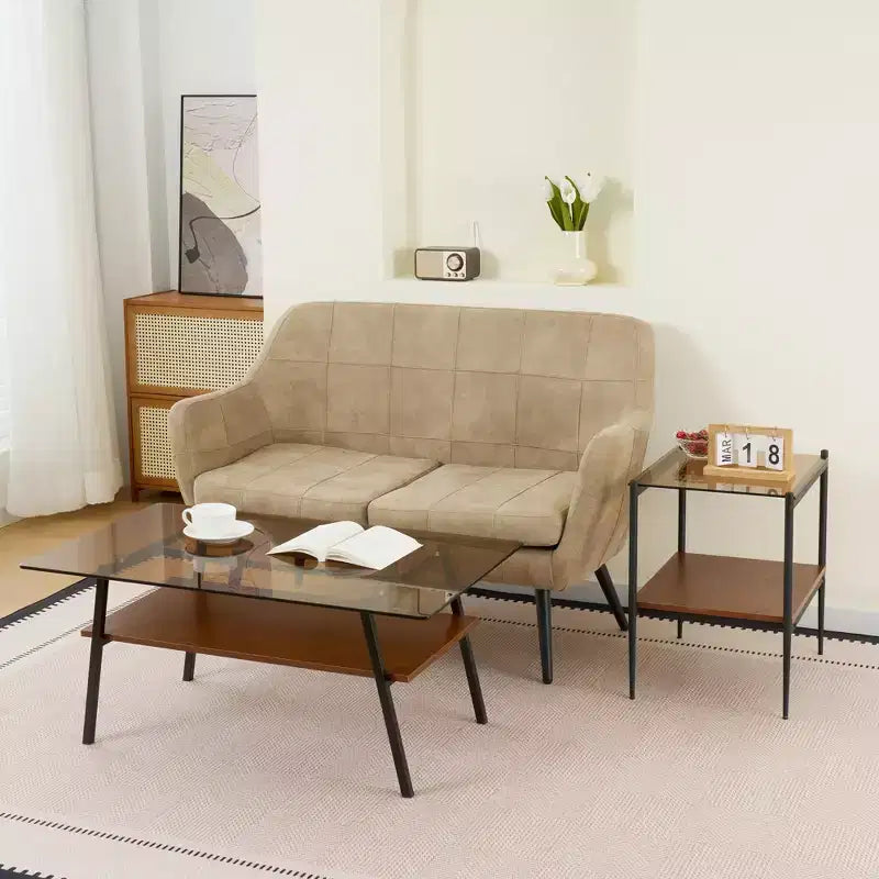 Table basse rectangulaire avec plateau en verre trempé et pieds en métal, table de salon moderne