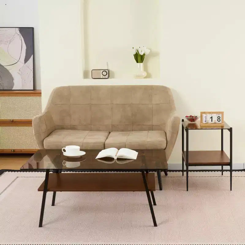 Table basse rectangulaire avec plateau en verre trempé et pieds en métal, table de salon moderne