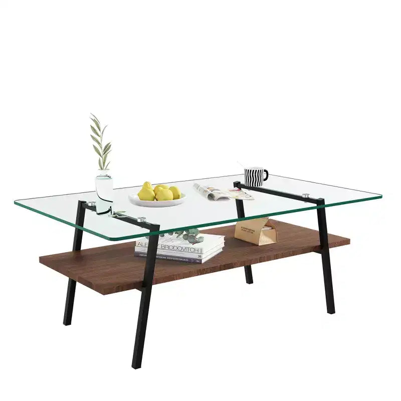 Table basse rectangulaire avec plateau en verre trempé et pieds en métal, table de salon moderne