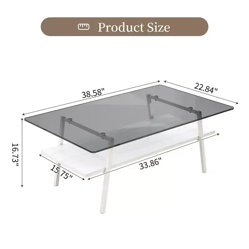 Table basse rectangulaire avec plateau en verre trempé et pieds en métal, table de salon moderne