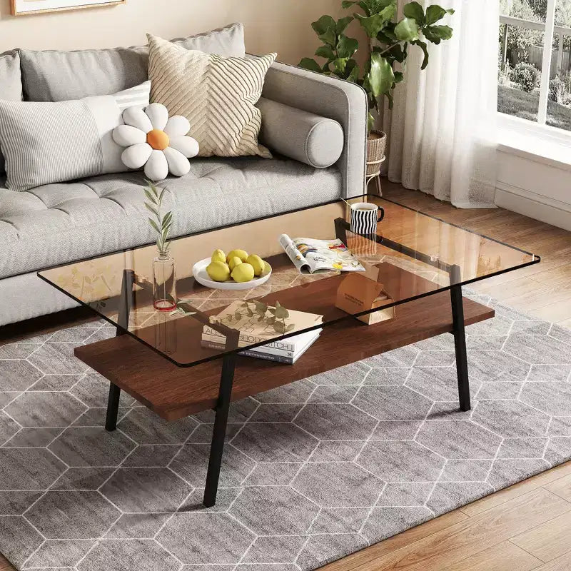 Table basse rectangulaire avec plateau en verre trempé et pieds en métal, table de salon moderne