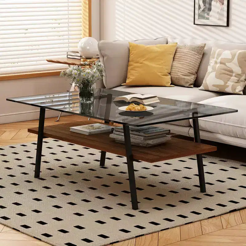 Table basse rectangulaire avec plateau en verre trempé et pieds en métal, table de salon moderne