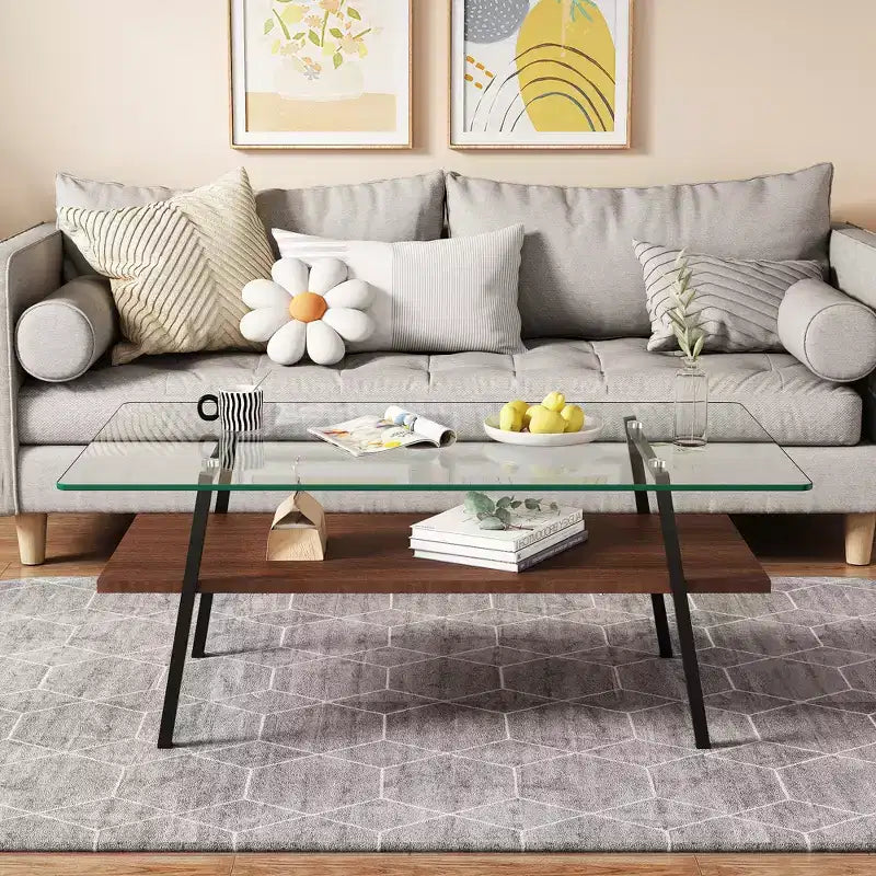 Table basse rectangulaire avec plateau en verre trempé et pieds en métal, table de salon moderne