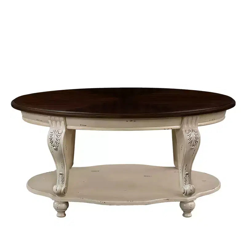 Hostack 42'' oval wood coffee table with 2-Tiers and Open Storage Shelf for Living Room, Beige and Espresso Top