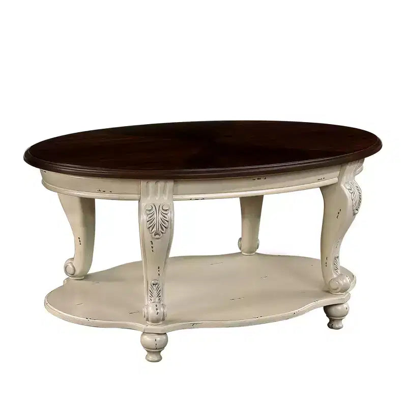 Table basse ovale en bois de 106,7 cm avec 2 niveaux et étagère de rangement ouverte pour salon, plateau beige et expresso
