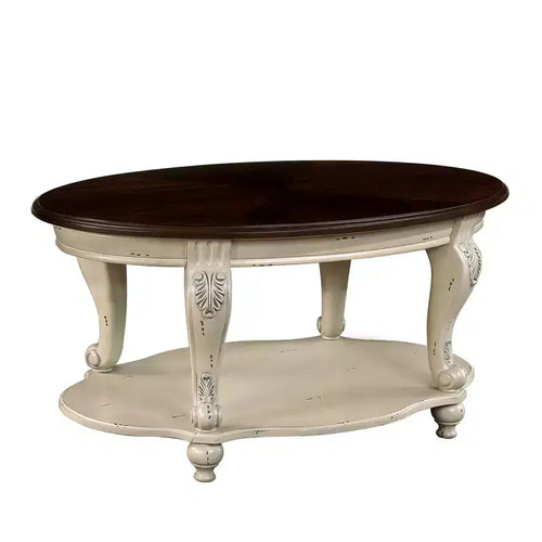 Table basse ovale en bois de 106,7 cm avec 2 niveaux et étagère de rangement ouverte pour salon, plateau beige et expresso