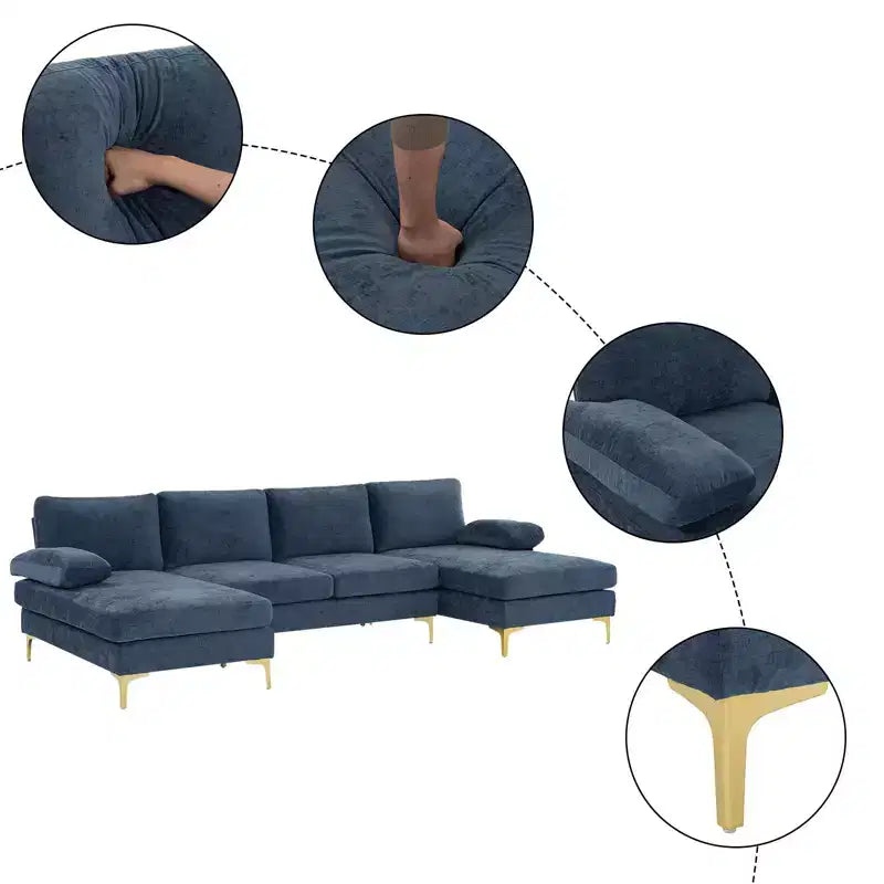 Sectionnel chenille en U 3 pièces avec accoudoirs et plateau-coussin de 110 po de large – beige