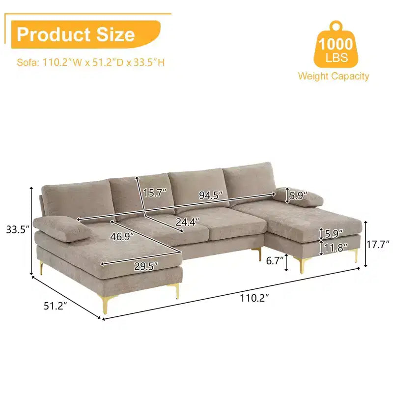 Sectionnel chenille en U 3 pièces avec accoudoirs et plateau-coussin de 110 po de large – beige