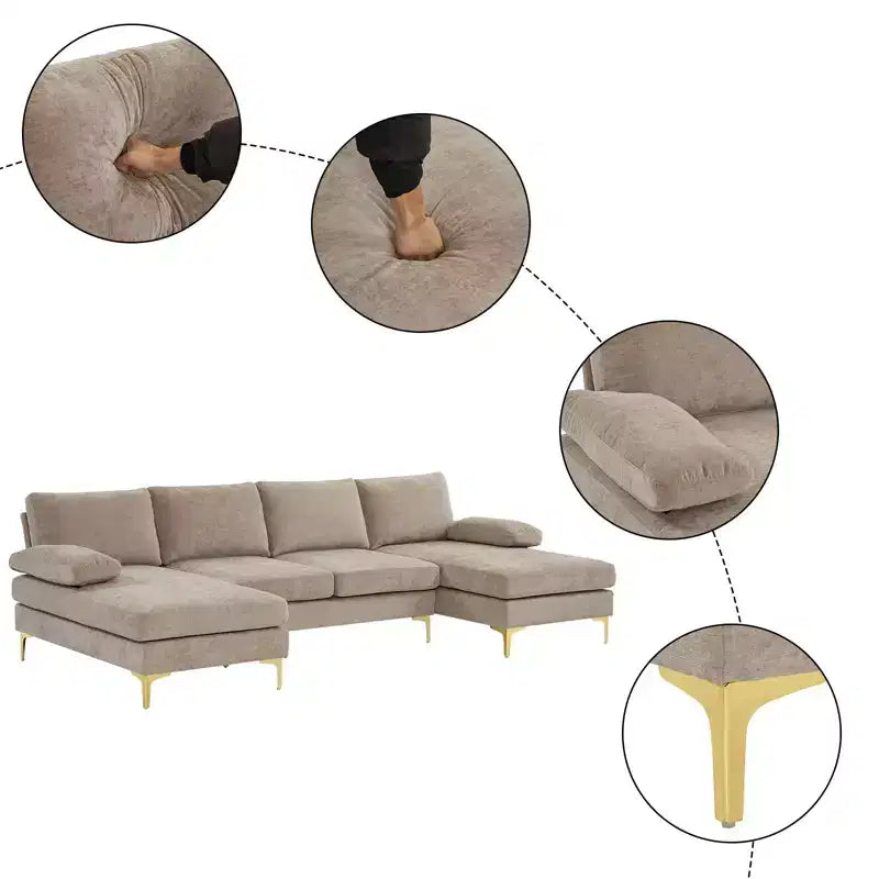 Sectionnel chenille en U 3 pièces avec accoudoirs et plateau-coussin de 110 po de large – beige