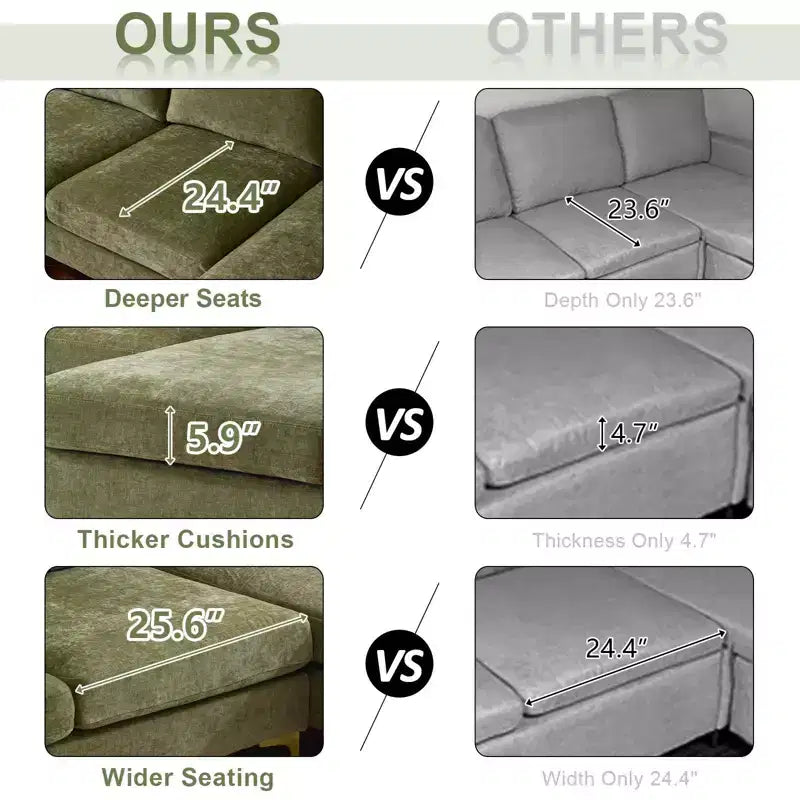 Sectionnel chenille en U 3 pièces avec accoudoirs et plateau-coussin de 110 po de large – beige