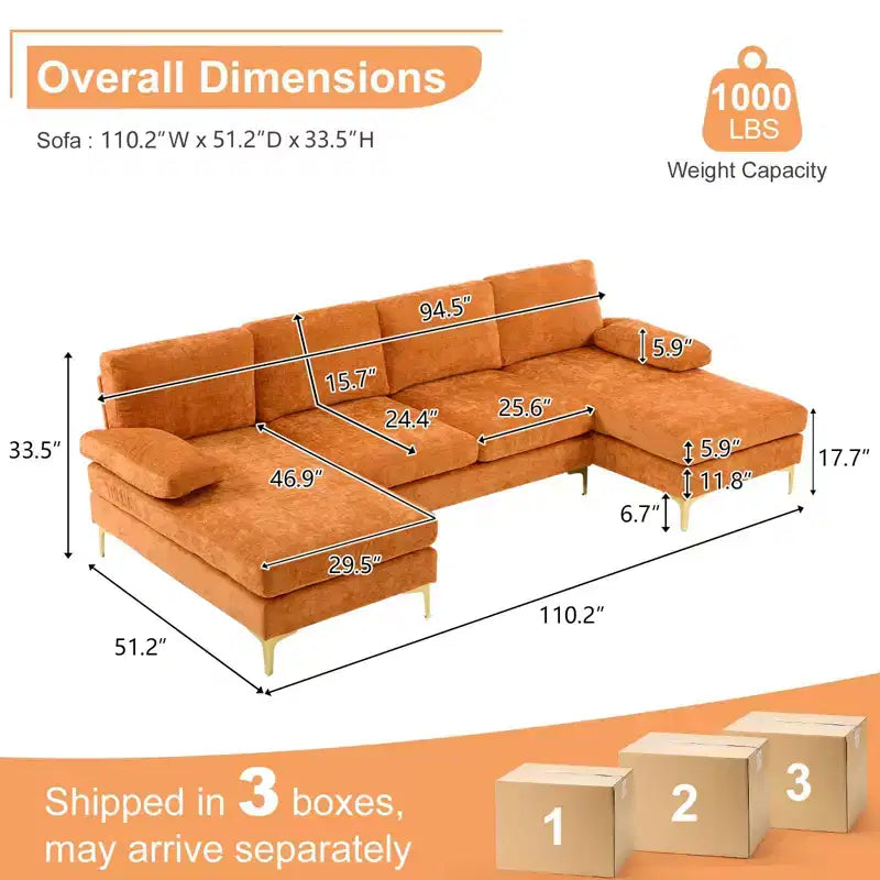 Sectionnel chenille en U 3 pièces avec accoudoirs et plateau-coussin de 110 po de large – beige