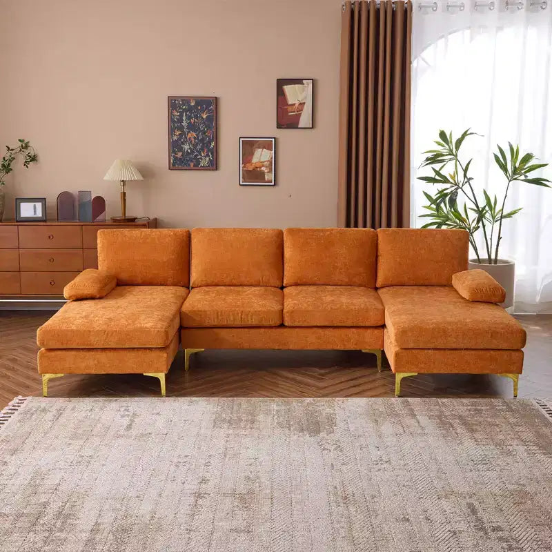 Sectionnel chenille en U 3 pièces avec accoudoirs et plateau-coussin de 110 po de large – beige