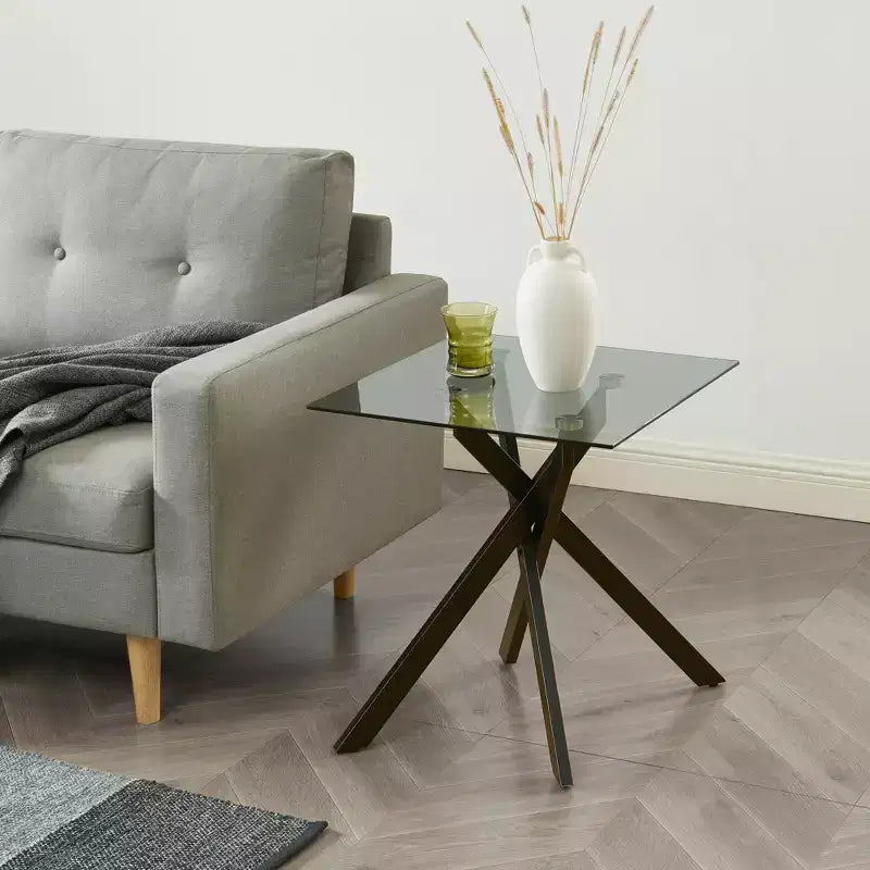 Probe Hues Modern Glass Side Table with Tempered Top and Metal Legs for Living Room