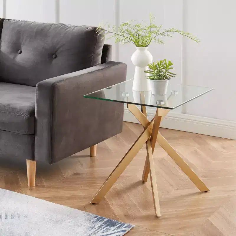 Table d'appoint moderne en verre avec plateau trempé et pieds en métal pour salon