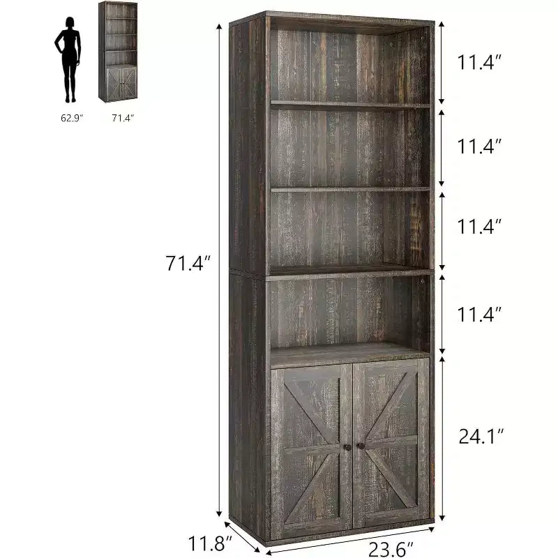 Bibliothèque grise avec portes 71,4 pouces, étagère industrielle de style ferme à 6 niveaux, armoire de rangement profonde