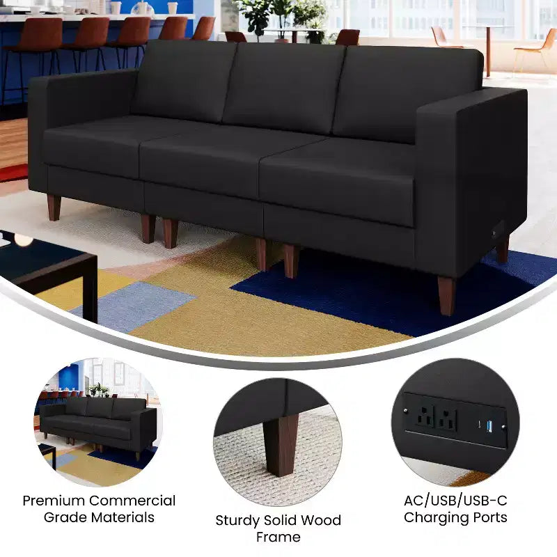 Canapé de réception rembourré avec 4 prises CA/2 ports USB/2 ports USB-C et pieds en bois de noyer avec patins réglables