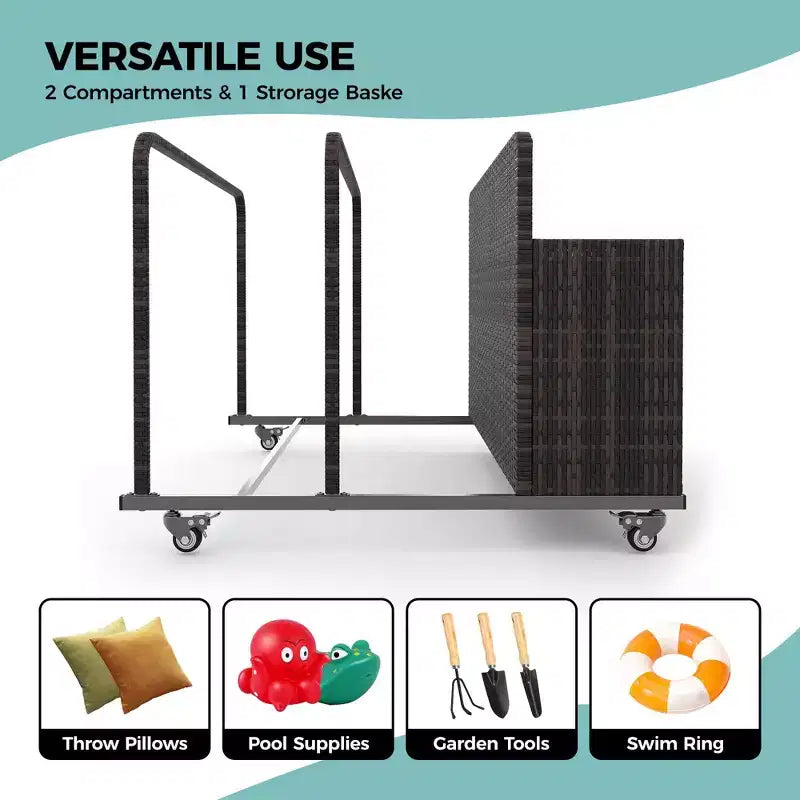 Organisateur de Rangement de Flotteurs de Piscine Robuste à Roulettes, Chariot en Rotin PE à 2 Compartiments, Imperméable et Résistant aux UV avec Accoudoirs