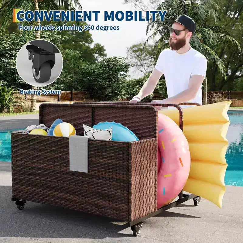 Organisateur de Rangement de Flotteurs de Piscine Robuste à Roulettes, Chariot en Rotin PE à 2 Compartiments, Imperméable et Résistant aux UV avec Accoudoirs
