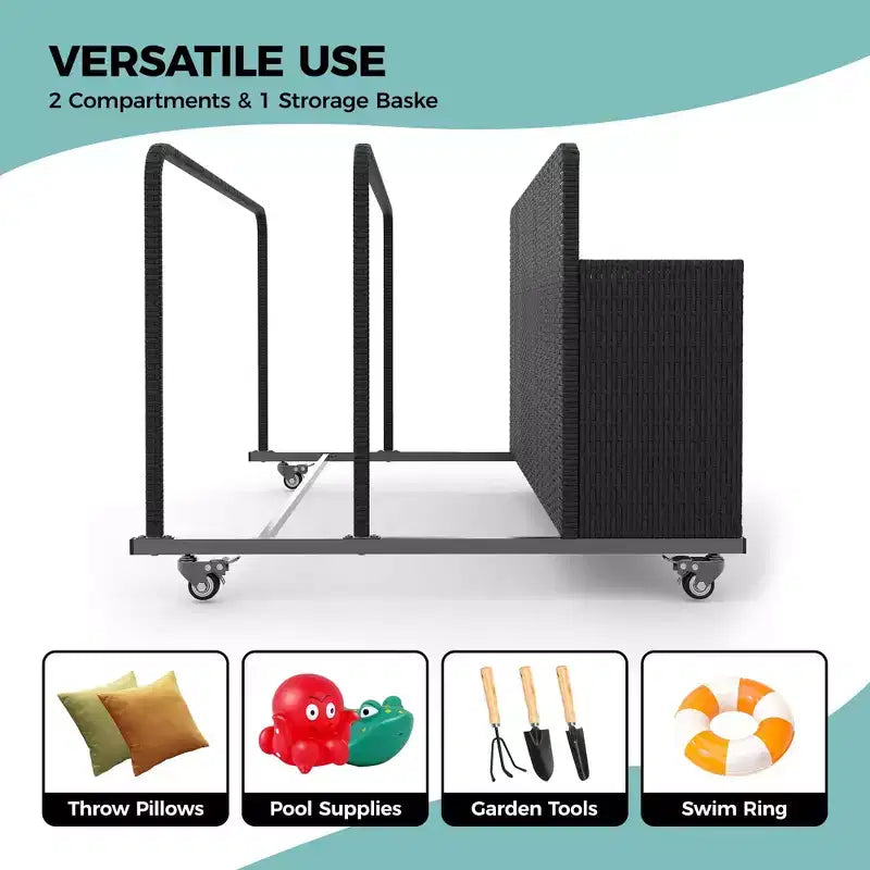 Organisateur de Rangement de Flotteurs de Piscine Robuste à Roulettes, Chariot en Rotin PE à 2 Compartiments, Imperméable et Résistant aux UV avec Accoudoirs