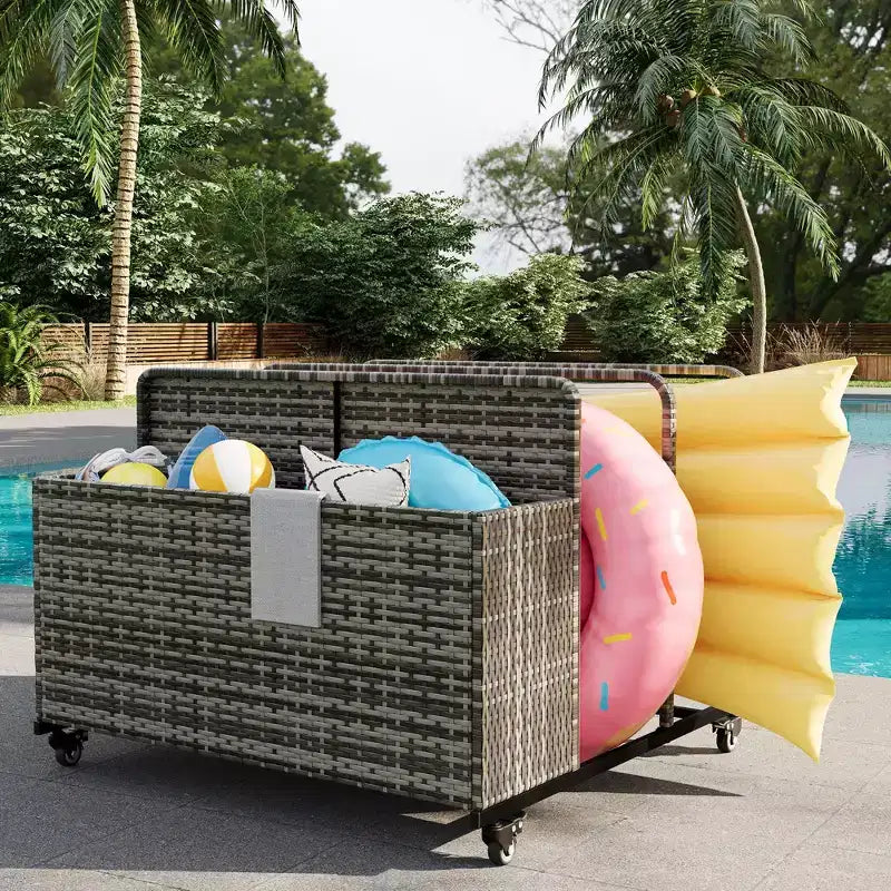 Organisateur de Rangement de Flotteurs de Piscine Robuste à Roulettes, Chariot en Rotin PE à 2 Compartiments, Imperméable et Résistant aux UV avec Accoudoirs