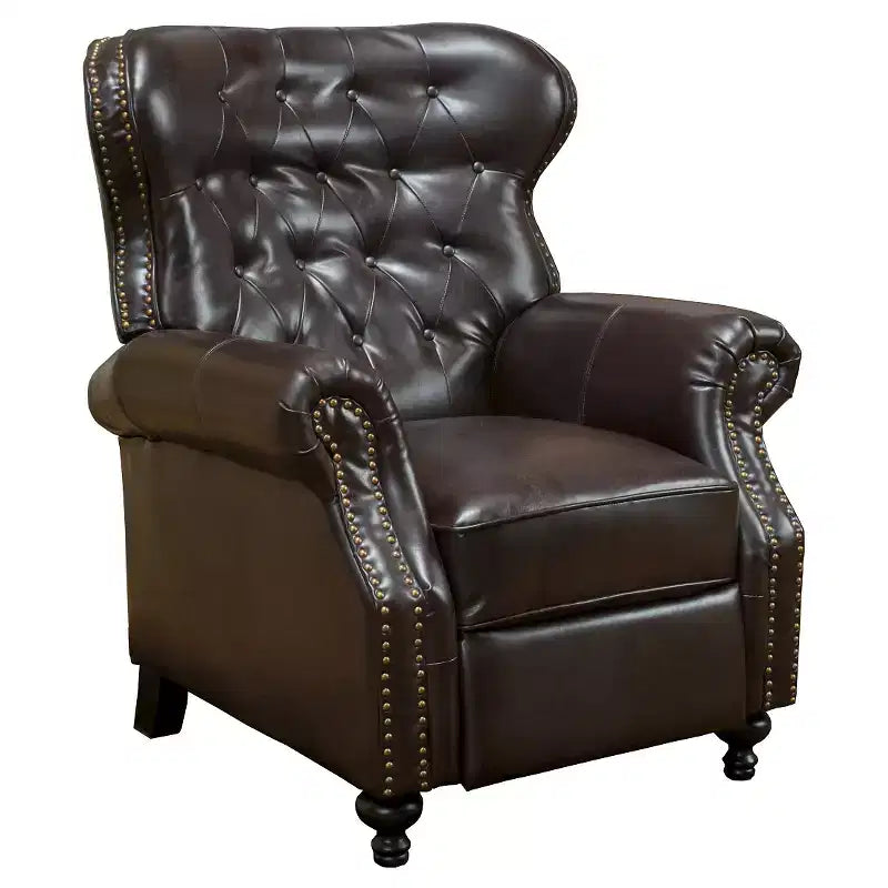 Fauteuil de relaxation club en cuir reconstitué marron, élégant dossier à oreilles, cadre en bois dur