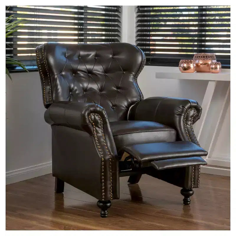 Fauteuil de relaxation club en cuir reconstitué marron, élégant dossier à oreilles, cadre en bois dur